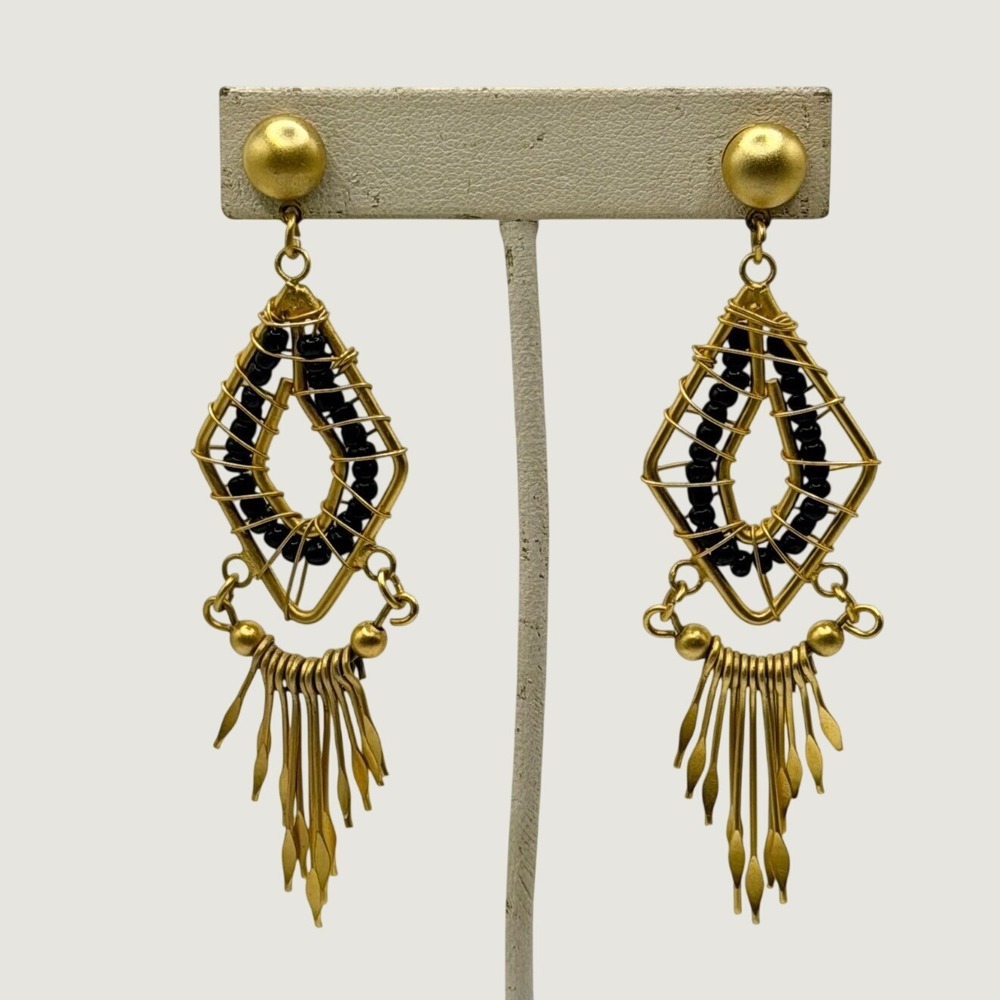 Art Deco / Dreamcatcher Design Drop Wire Sculpture Earrings Gold and Black